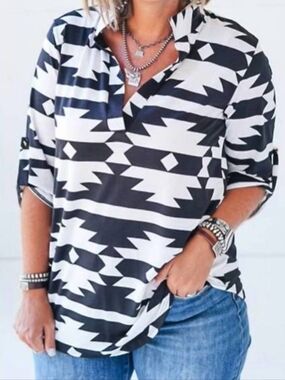 HEIMISH USA Dramatic black and white aztec V-neck Top